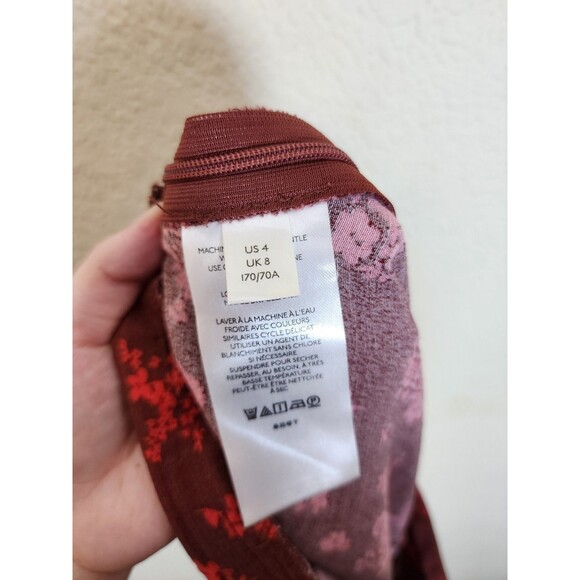 Free People Skirt Size 4 Maroon Floral Ruffle Hem Mini Drop Waist Boho Rayon - Picture 9 of 10